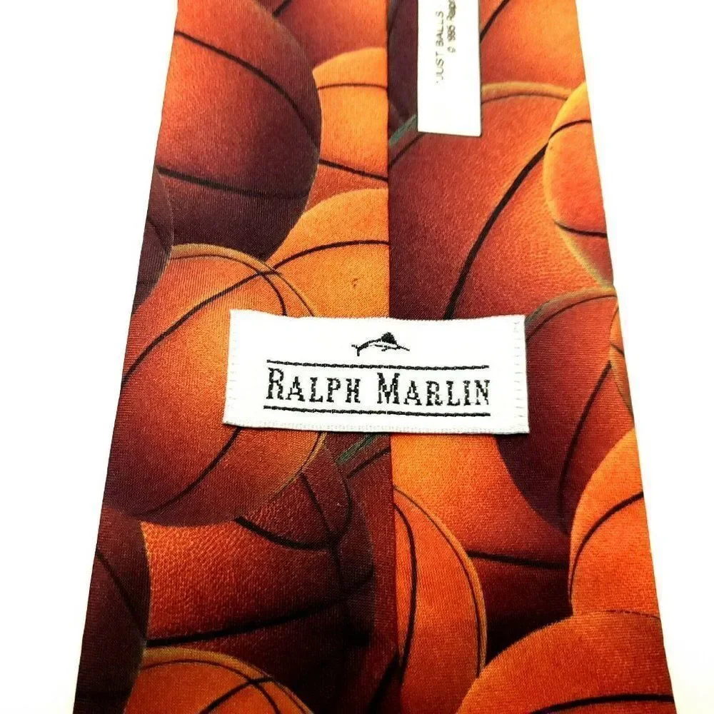 Vintage 1995 Ralph Marlin Polyester Tie Just Balls Basketball Orange Short Wide‎